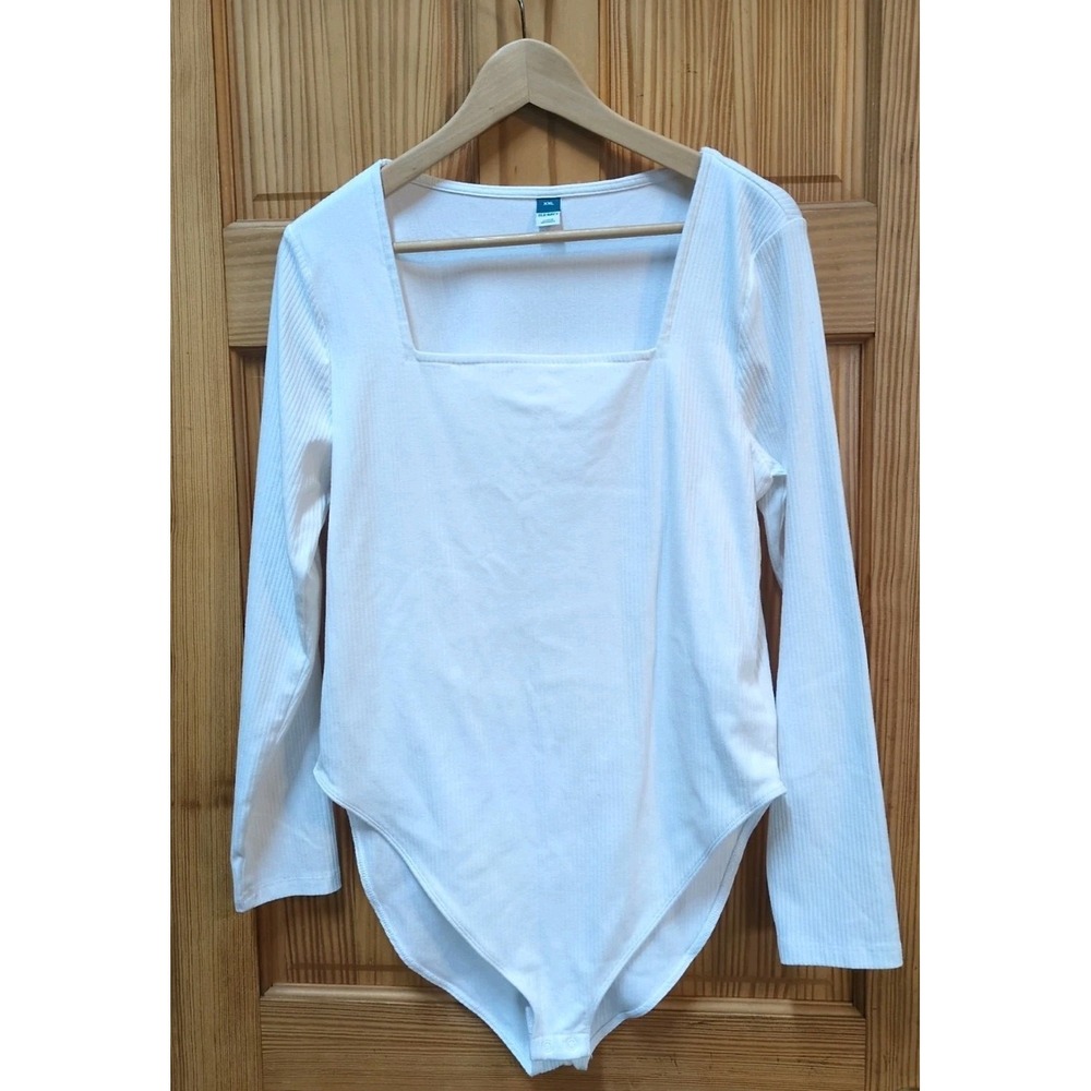 Old Navy 2XL White Ribbed Long-Sleeve Square-Neck Bodysuit Snaps Cotton Blend